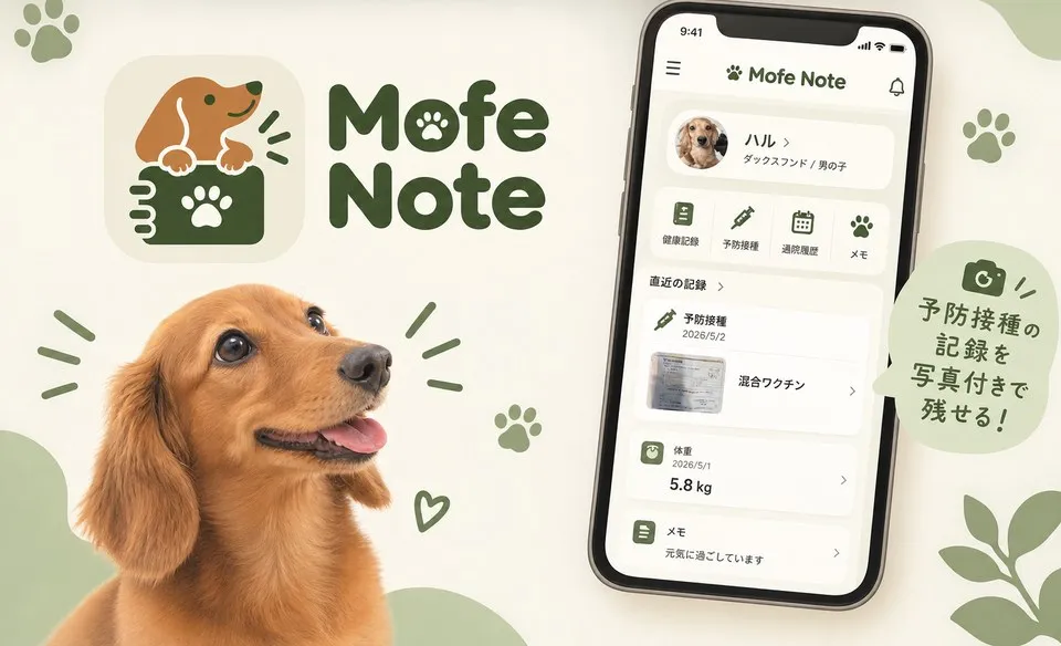 Mofe Noteのアプリ画面とダックスフンドの写真