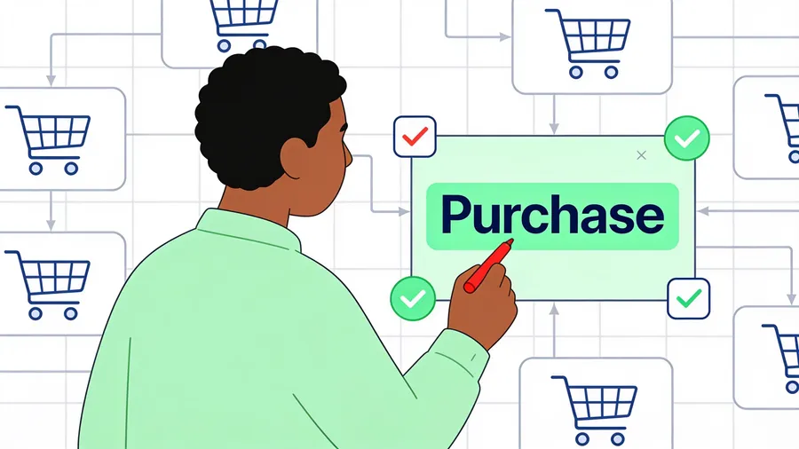 purchaseイベントの通過を確認している様子のイラスト。カートのアイコンとチェックマークが並んでいる